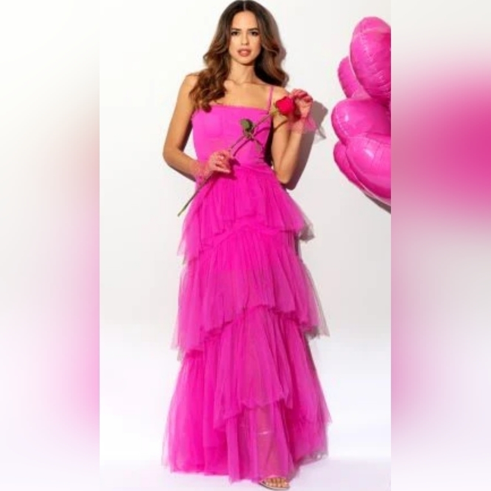 NWT Betsy & Adam Ruffled Tiered Mesh Gown in Hot Pink
